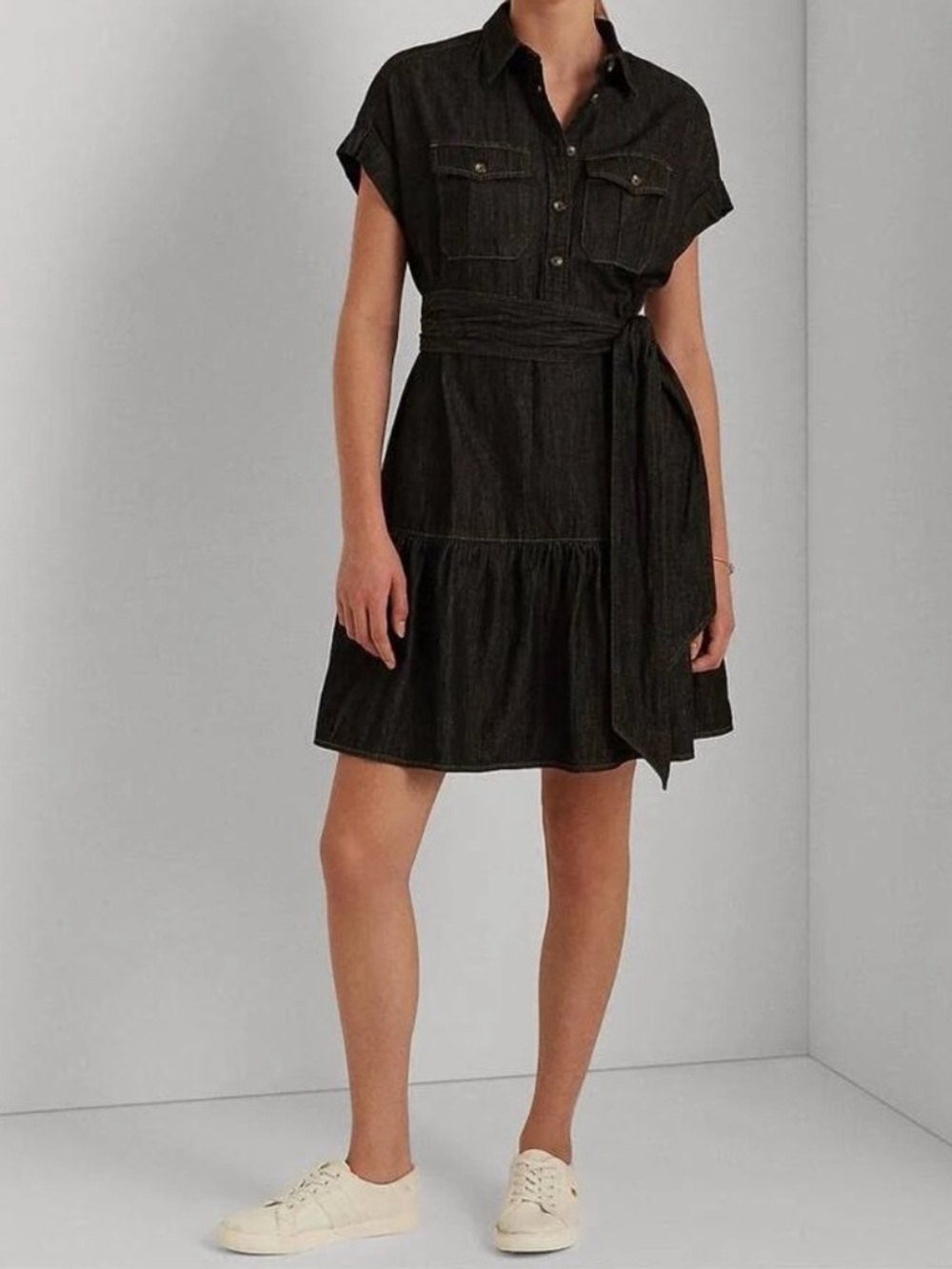 Ralph Lauren Cotton Denim Shirtdress Size 12 Short Sleeve Nightfall Wash Pockets